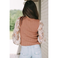 Golden Fleece Floral Patchwork Ruffled Cuff Cable Knit Sweater - L thumbnail