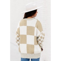 Flaxen Checkered Print Drop Shoulder Sweater - L thumbnail