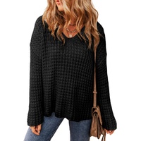 Black Hollow-out Crochet V Neck Sweater - M thumbnail