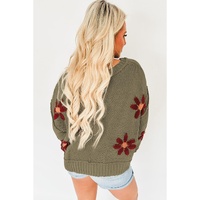 Sage Green Flower Knit Ribbed Trim V Neck Sweater - S thumbnail