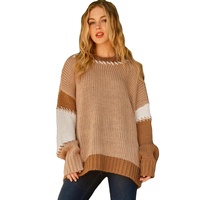 Light French Beige Color Block Contrast Stitch Oversized Sweater - M thumbnail