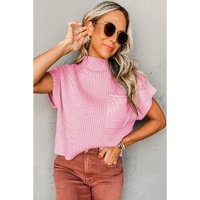 Pink Patch Pocket Ribbed Knit Short Sleeve Sweater - M thumbnail