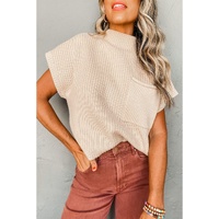 Oatmeal Patch Pocket Ribbed Knit Short Sleeve Sweater - L thumbnail