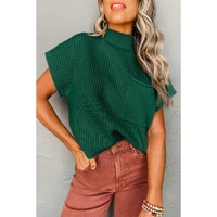 Blackish Green Patch Pocket Ribbed Knit Short Sleeve Sweater - M thumbnail