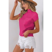Rose Red Patch Pocket Ribbed Knit Short Sleeve Sweater - L thumbnail