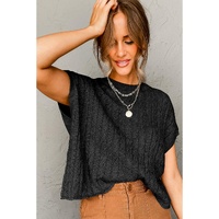 Black Crew Neck Cable Knit Short Sleeve Sweater - L thumbnail