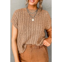 Light French Beige Crew Neck Cable Knit Short Sleeve Sweater - L thumbnail