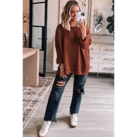 Gold Flame Solid Color Textured Crew Neck Loose Sweater - L thumbnail