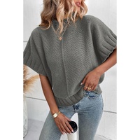 Medium Grey Mock Neck Batwing Short Sleeve Knit Sweater - XL thumbnail