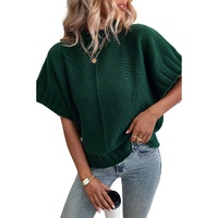 Blackish Green Mock Neck Batwing Short Sleeve Knit Sweater - L thumbnail