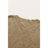 Camel Checkered Textured Batwing Sleeve Sweater - L thumbnail