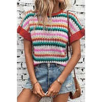 Fiery Red Trimmed Ruffle Sleeve Colorful Textured Sweater - M thumbnail