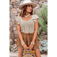 Beige Pointelle Knit Flutter Sleeve Sweater - XL thumbnail