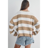 Light French Beige Colorblock Striped Drop Shoulder Side Slit Sweater - L thumbnail