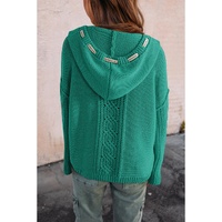 Sea Green Cable Knit V Neck Contrast Drawstring Hooded Sweater - M thumbnail