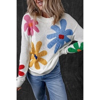 White Colorful Big Flower Pattern Crewneck Sweater - M thumbnail