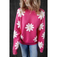 Bright Pink Daisy Flower Crew Neck Long Sleeve Sweater - M thumbnail