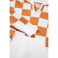 Gold Flame Checkered Split Neck Contrast Kangaroo Pocket Hooded Sweater - L thumbnail