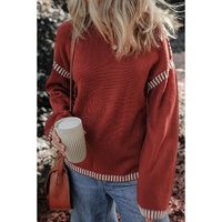 Red Dahlia Color Contrast Trim Drop Shoulder Crew Neck Sweater - S thumbnail