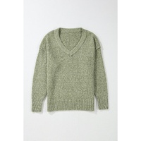 Jungle Green Loose Eyelet V Neck Drop Shoulder Sweater - L thumbnail