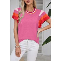Bright Pink Contrast Flutter Sleeves Knitted Sweater T Shirt - M thumbnail