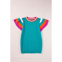 Turquoise Contrast Flutter Sleeves Knitted Sweater T Shirt - S thumbnail