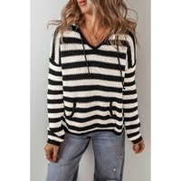 White Stripe V Neck Pocketed Drawstring Hooded Sweater - XL thumbnail