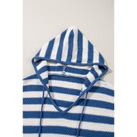 Blue Stripe V Neck Pocketed Drawstring Hooded Sweater - S thumbnail