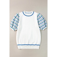White Crochet Striped Bubble Sleeve Knit Sweater - L thumbnail