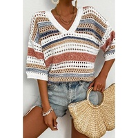 Multicolour Striped Hollow Out Half Sleeve Knitted Sweater - L thumbnail