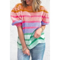 Rose Red Colorful Stripe Bubble Short Sleeve Sweater - M thumbnail