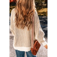 Chestnut Striped Textured Knit Contrast Edge Loose Sweater - L thumbnail