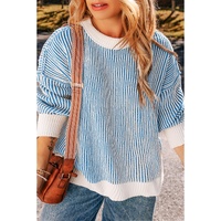 Dark Blue Striped Textured Knit Contrast Edge Loose Sweater - 3XL thumbnail