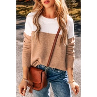 Straw Yellow Colorblock Ribbed Trim Round Neck Sweater - L thumbnail