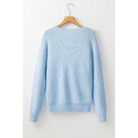 Light Blue Knitted Flower Pattern Ribbed Edge Sweater - S thumbnail
