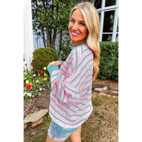 Pink Stripe Trimmed Round Neck Drop Shoulder Loose Sweater - XL thumbnail