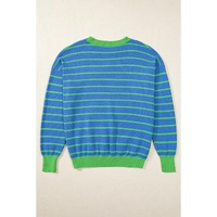 Sky Blue Stripe Trimmed Round Neck Drop Shoulder Loose Sweater - L thumbnail