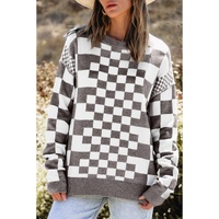 Gray Checkered Print Drop Shoulder Round Neck Sweater - L thumbnail