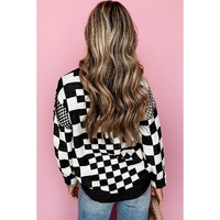 Black Checkered Print Drop Shoulder Round Neck Sweater - S thumbnail