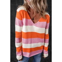 Orange Stripe Colorblock V Neck Casual Sweater - L thumbnail