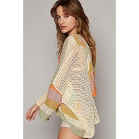 Beige Oversized Colorblock V Neck Hooded Sweater - L thumbnail