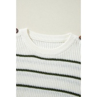 Green Color Block Striped Buttoned Shoulder Split Sweater - S thumbnail