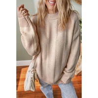 Pale Khaki Solid Color Cable Knit Ribbed Loose Sweater - L thumbnail