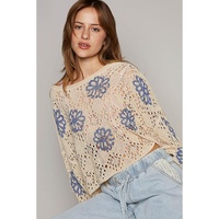 Beige Contrast Flower Print Eyelet Drop Shoulder Sweater - M thumbnail