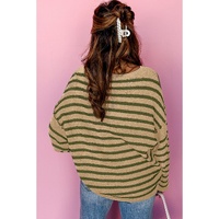 Khaki Stripe Drop Shoulder Casual Sweater - L thumbnail