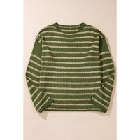 Green Stripe Drop Shoulder Casual Sweater - M thumbnail