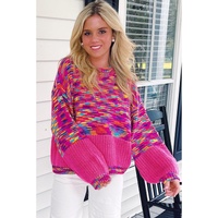 Bright Pink Rainbow Confetti Drop Shoulder Sweater - M thumbnail