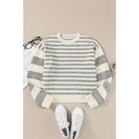 Gray Stripe Drop Shoulder Crew Neck Sweater - L thumbnail