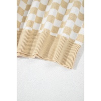 Apricot Checkered Buttons Collar V Neck Drop Shoulder Sweater - L thumbnail
