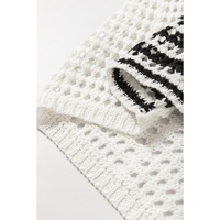 White Stripe Contrast Striped Crochet Puff Sleeve Sweater - S thumbnail